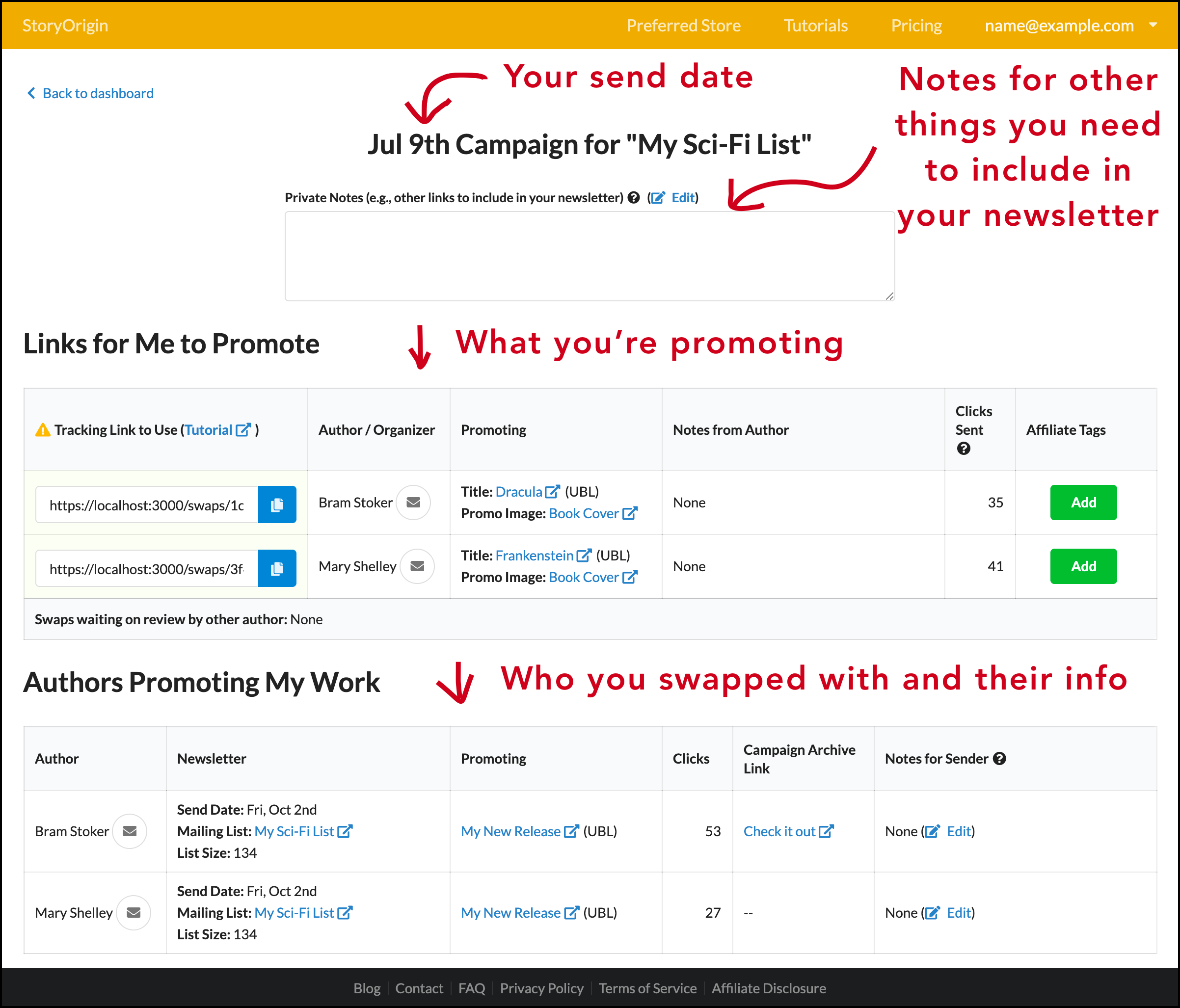 screenshot showing notes and planned cross-promotions on your newsletter date