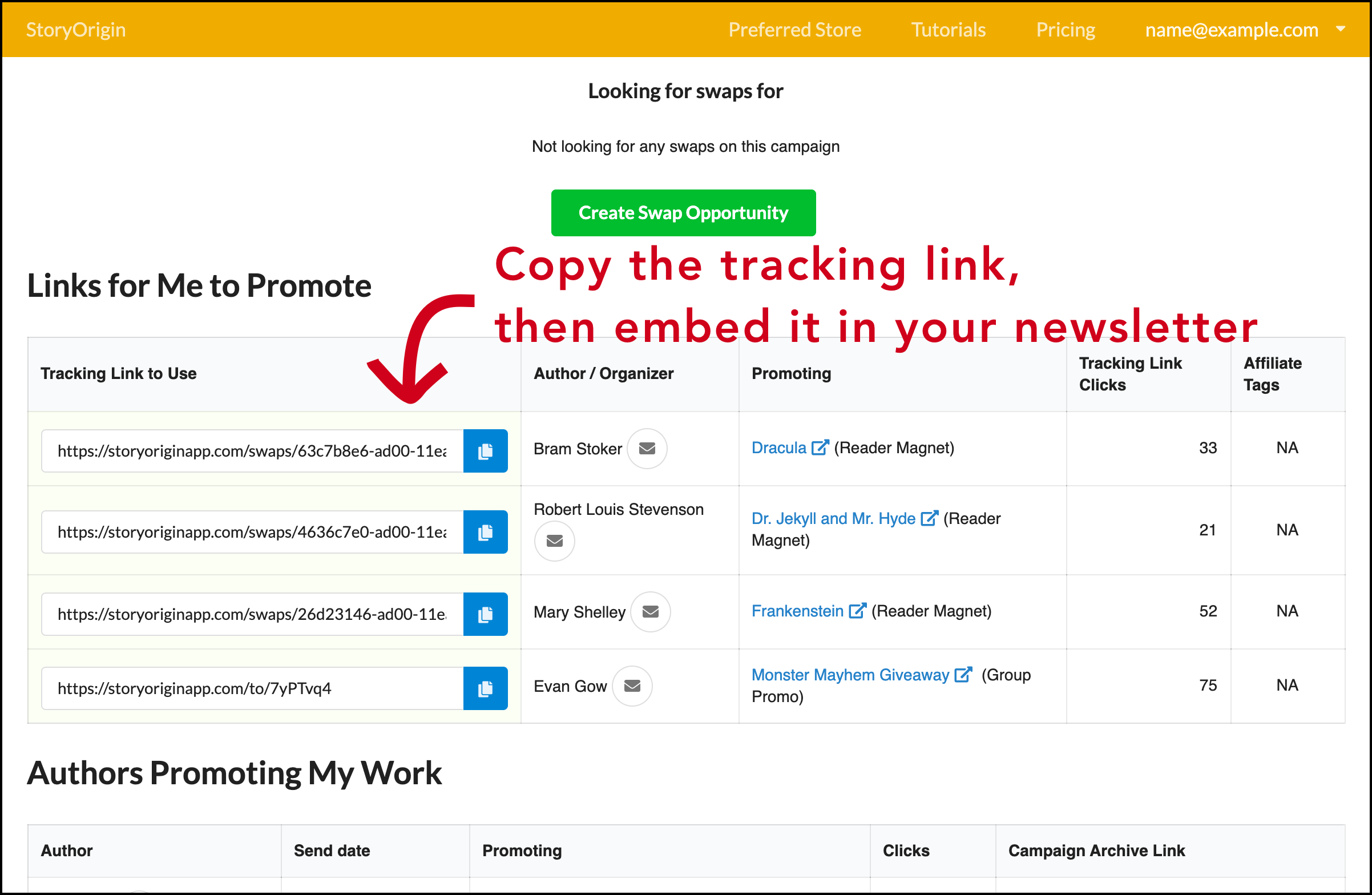 screenshot showing tracking links for planned cross-promotions