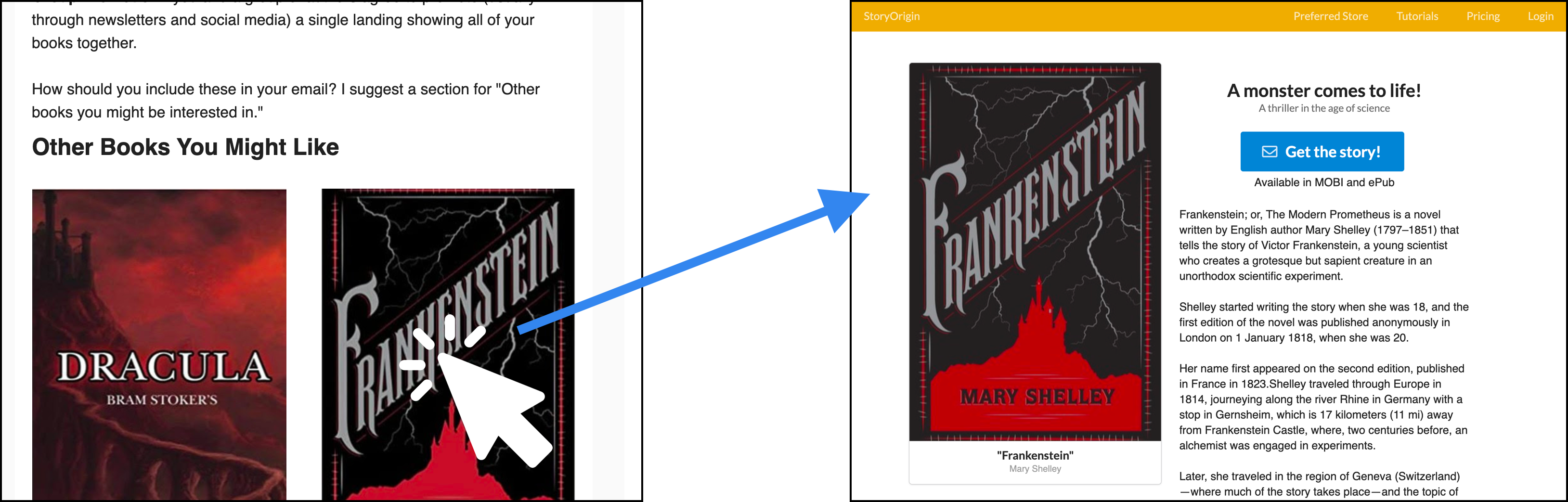 the book cover in the newsletter example links to the book's landing page